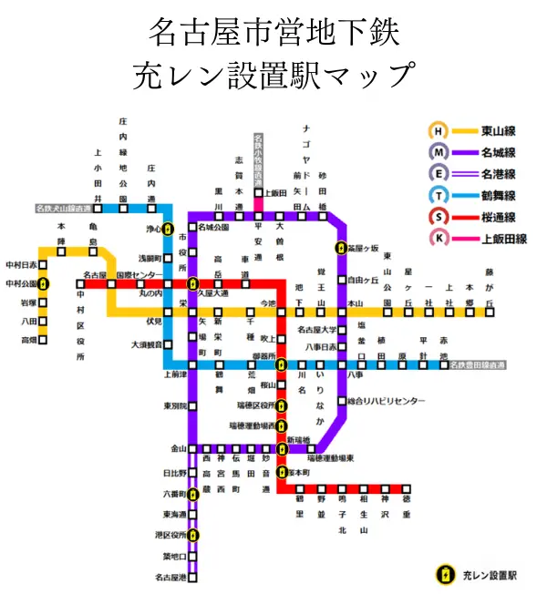 名古屋市営地下鉄の路線図に、充レン設置11駅を黄色いアイコンで示したマップ
