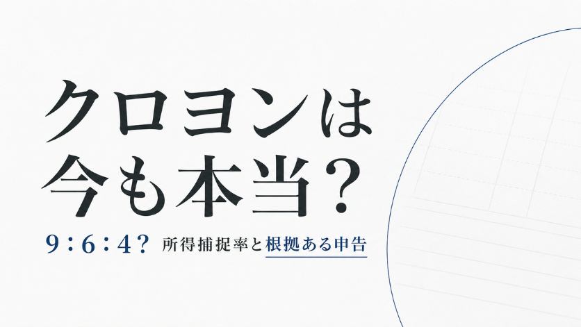 「クロヨンは今も本当？」という見出しと「9：6：4？ 所得捕捉率と根拠ある申告」のサブコピーを配置した、クロヨン問題をテーマにした記事用メインビジュアル