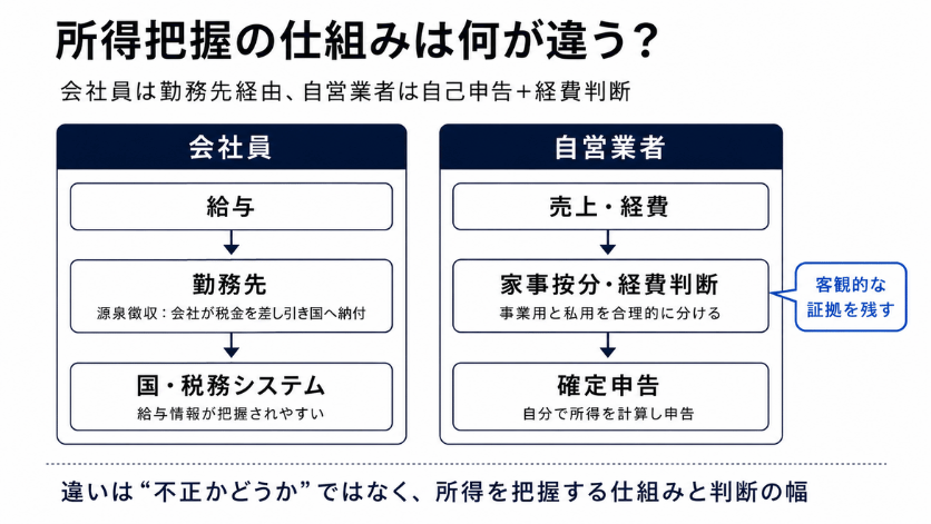 会社員は「給与→勤務先→国・税務システム」、自営業者は「売上・経費→家事按分・経費判断→確定申告」という流れで、所得把握の仕組みの違いを比較した図