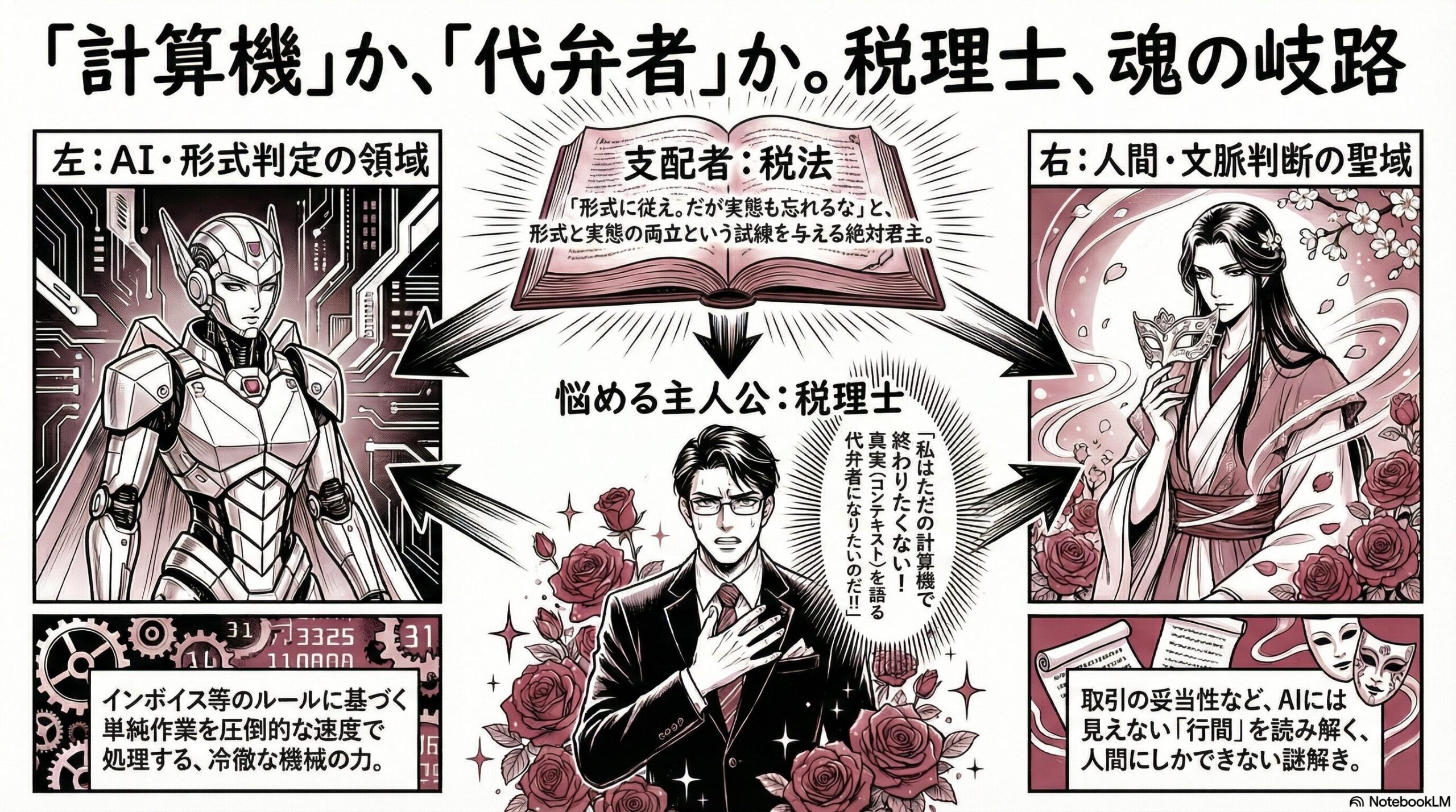 図解：AIによる形式判定と人間による文脈判断の対比。税法というルールの下で、インボイス等の単純作業から『真実を語る代弁者』への進化を迫られる税理士の葛藤。