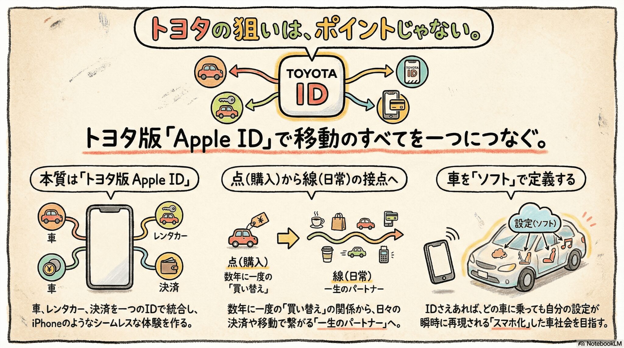トヨタの狙いはポイント還元ではなく「トヨタ版Apple ID」の構築であることを解説した図解。TOYOTA IDを中心に車・鍵・決済が統合される仕組みや、顧客接点が「購入（点）」から「日常（線）」へと変化する様子、車がスマホのように個人の設定を引き継ぐ未来像が描かれています。