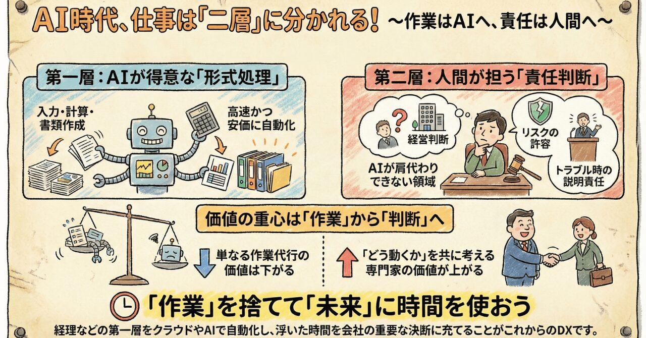AI時代の仕事の二層構造を解説する手描き風ポスター。左側に「第一層:AIが得意な形式処理(入力・計算・書類作成)」として多腕のロボット、右側に「第二層:人間が担う責任判断(経営判断・リスク許容・説明責任)」として思案する男性と専門家のイラストが描かれている。下部には「価値の重心は作業から判断へ」という天秤の図解と、「作業を捨てて未来に時間を使おう」というメッセージ、専門家とクライアントが握手するイラストが配置されている。