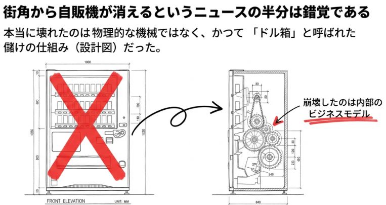 自販機業界の変化をまとめた概念図。左側の『従来モデル（メーカーが全国一律に配備）』から右側の『未来モデル（持ち主が多様化し、利益が出る場所へ選別配置）』へと矢印が伸びている。風景から自販機が消えるのではなく、その裏側にある所有構造やビジネスモデルが静かに入れ替わっているという記事の結論を要約している。