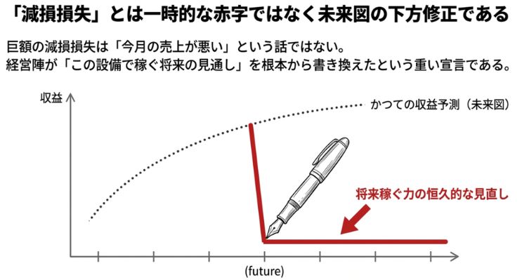 自販機事業における減損損失の仕組みを解説する図解。左側に『当初の期待（将来これくらい稼ぐはず）』という高いグラフ、右側に『現実の再評価（思ったより稼げない）』という低いグラフが並び、その差分を『減損（未来図の下方修正）』として赤い矢印で強調している。単なる一時的な赤字ではなく、設備の価値そのものを見直す経営判断であることを示している。