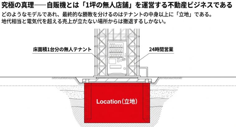 自販機ビジネスを『1坪の無人店舗』という不動産視点で捉えた解説図。街角のわずかなスペースに置かれた自販機のイラストに対し、地面の下には『立地（ロケーション）』という強固な土台が描かれている。どれだけ中身の商品が魅力的でも、人の流れや地代といった立地条件が収益の最終決定要因であることを示唆している。