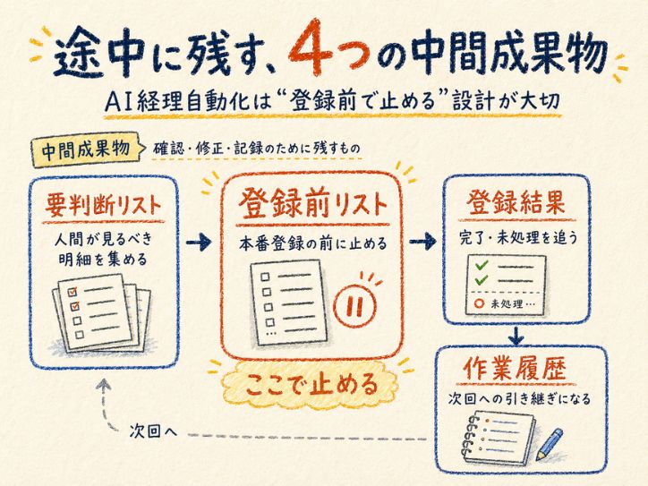 AI経理自動化で残すべき要判断リスト、登録前リスト、登録結果、作業履歴の4つの中間成果物を示した図