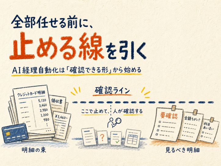 AI経理自動化で、会計ソフトに登録する前に人間が確認する線を設ける考え方を示したメインビジュアル