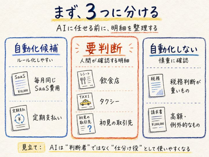 経理明細を「自動化候補」「要判断」「自動化しない」の3つに分ける考え方を示した図