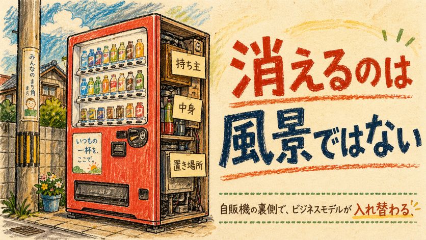 街角の自販機の裏側に『持ち主』『中身』『置き場所』という要素が示され、自販機そのものではなくビジネスモデルが入れ替わっていることを表したメインビジュアル。
