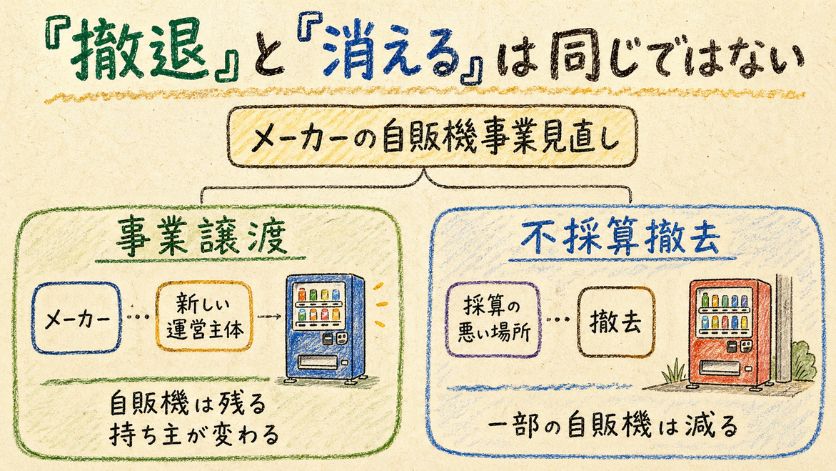 メーカーの自販機事業見直しを、事業譲渡によって自販機は残る場合と、不採算撤去によって一部の自販機が減る場合に分けて整理した図解。