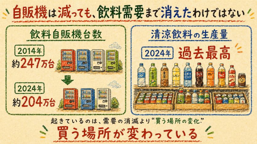飲料自販機台数が2014年約247万台から2024年約204万台へ減る一方、清涼飲料の生産量は2024年に過去最高となったことを比較し、買う場所の変化を示す図解。