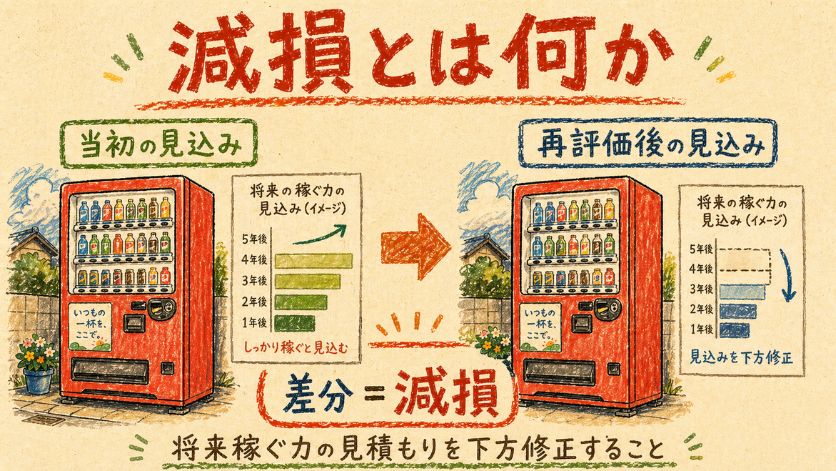 自販機の当初の見込みと再評価後の見込みを左右で比較し、将来稼ぐ力の見積もりを下方修正することが減損であると説明する図解。